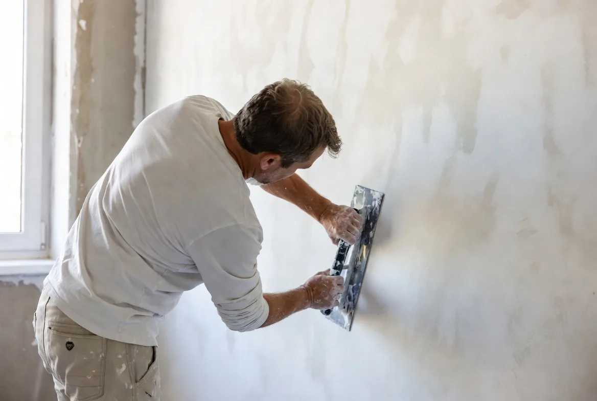 Stukadoor brengt glad pleisterwerk aan op een witte muur